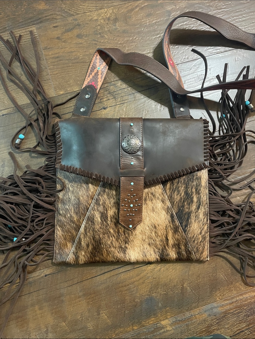 Brown Leather & Haircalf Fringe Crossbody Bag